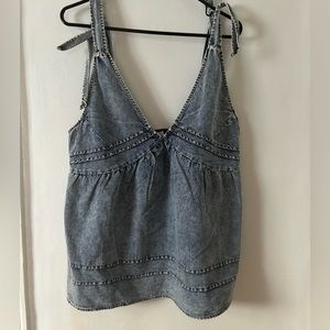 Denim Babydoll Blouse w/ Adjustable Ties